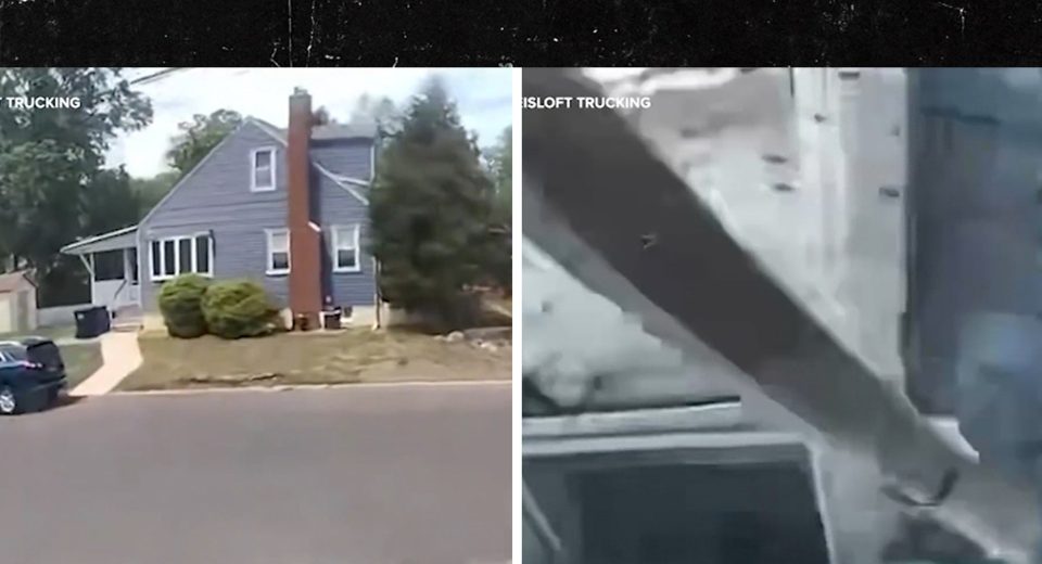 A máquina de caminhões lida com a cidade ao redor da casa da cidade, no vídeo, um vídeo